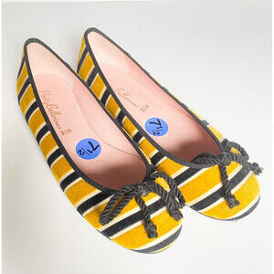 NEW Pretty Ballerinas Striped Yellow Black Round toe Velvet Ballet Flats 37.5